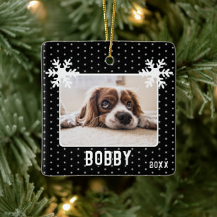 Dog Photo Snowflakes Black Pet Name Keramisch Ornament