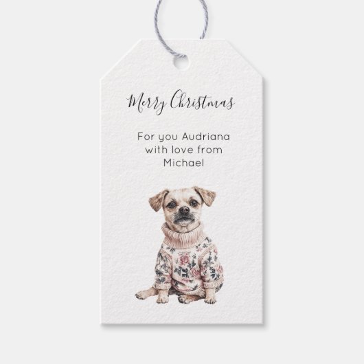 Dog Pink Floral Christmas  Cadeaulabel (Voorkant)