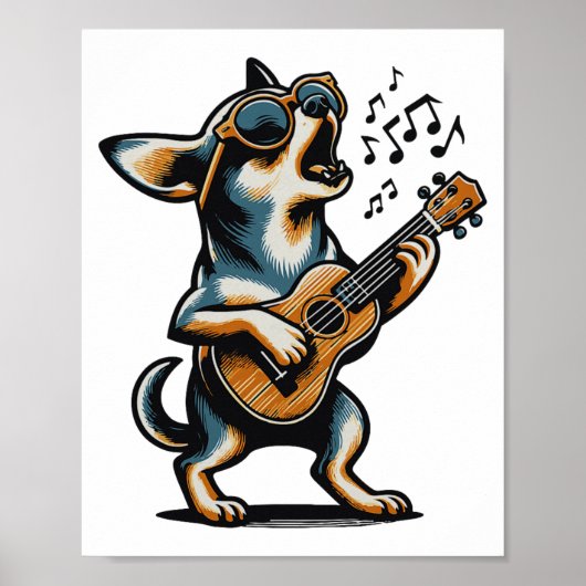 Dog Playing Guitar Singing Chihuahua Funny Dog Mar Poster (Voorkant)