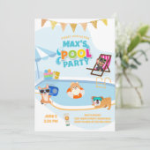 Dog Pool Party, Dog Pawty Birthday Blue Sinaasappe Kaart (Staand voorkant)