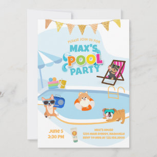 Dog Pool Party, Dog Pawty Birthday Blue Sinaasappe Kaart