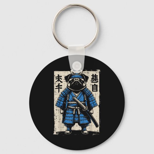 Dog Pug Samurai Funny Japanese Warrior Art Men Wom Sleutelhanger (Voorkant)