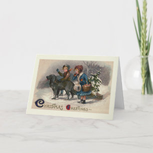 "Dog Pulling Sled" Kerst Wenskaart Feestdagen Kaart