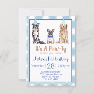 Dog Puppy Birthday Party Invitation Blue Gingham Kaart