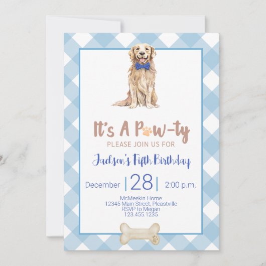 Dog Puppy Birthday Party Invitation Blue Gingham Kaart (Voorkant)