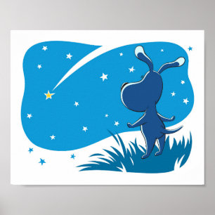 Dog Puppy Shooting Star Night Blue Sky Poster