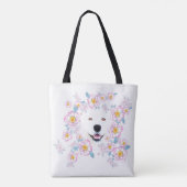 Dog Samoyed en roze bloemen, aangepaste naam Draagtas (Achterkant)