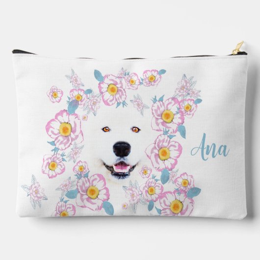 Dog Samoyed en roze bloemen, aangepaste naam Etui (Achterkant)