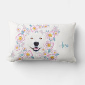Dog Samoyed en roze bloemen, aangepaste naam Kussen (Voorkant)