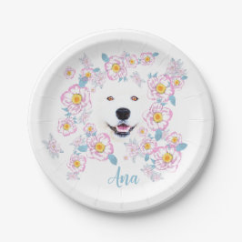Dog Samoyed en roze bloemen, aangepaste naam Papieren Bordje