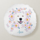 Dog Samoyed en roze bloemen, aangepaste naam Rond Kussen (Voorkant)