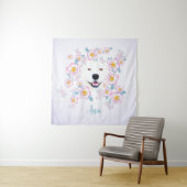 Dog Samoyed en roze bloemen, aangepaste naam Wandkleed (In situ)