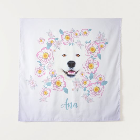 Dog Samoyed en roze bloemen, aangepaste naam Wandkleed (Voorkant)