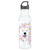 Dog Samoyed en roze bloemen, aangepaste naam Waterfles (Voorkant)