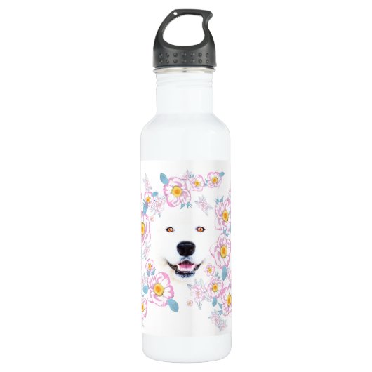 Dog Samoyed en roze bloemen, aangepaste naam Waterfles (Voorkant)