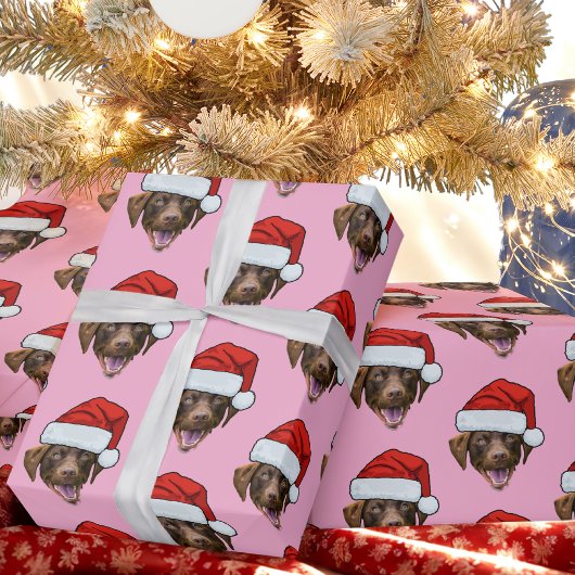 Dog Santa Hat | Aangepaste Gezichtsfoto Roze Kerst Cadeaupapier