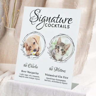 Dog Signature Drink Custom 2 Photo Pet Wedding Reclamebord Met Voetstuk