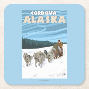 Dog Sledding Scene - Cordova, Alaska Vierkante Kartonnen Onderzetter