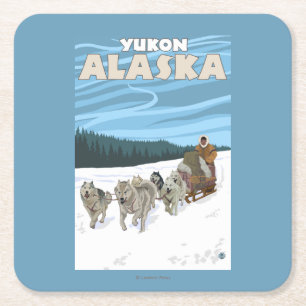 Dog Sledding Scene - Yukon, Alaska Vierkante Kartonnen Onderzetter
