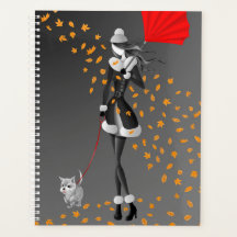 Dog Walker Autumn Leaves zwart