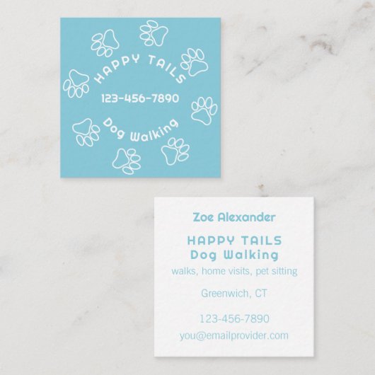 Dog Walker Paw Print Cirkel Summer Sky Blue Vierkante Visitekaartje (Voorkant / Achterkant)
