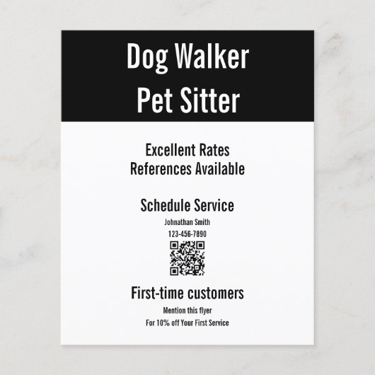 Dog Walker Pet Sitter Zwart Wit QR Code Sjabloon Flyer (Voorkant)