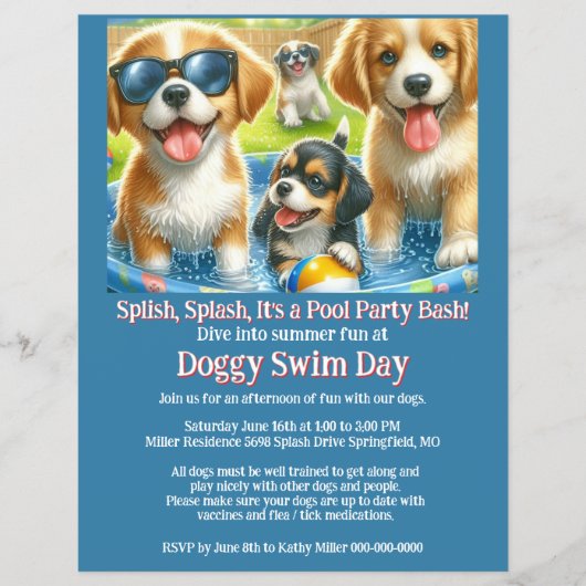 Doggy Swim Day Pool Party Invitation Flyer (Voorkant)