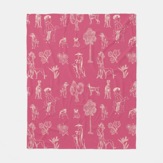 Dogs Lady Toile de Jouy Donker Roze Kleur Fleece Deken (Voorkant)