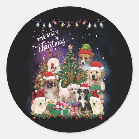 Dogs Merry Kerstlight Ronde Sticker (Voorkant)