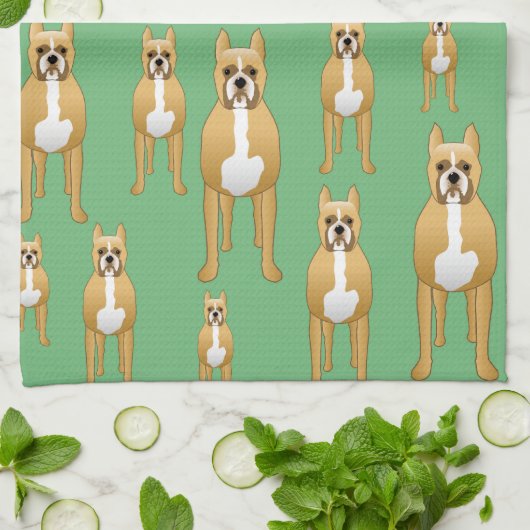 Dogs Pattern, Boxers on Green. Theedoek (Gevouwen)