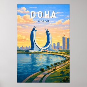 Doha Qatar Illustratie Reis Kunst Vintage Poster