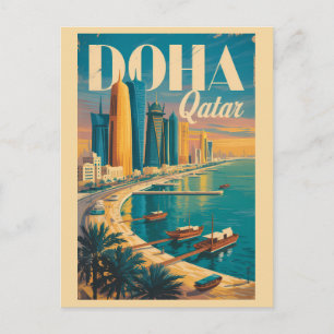 Doha Qatar Silhouette Illustratie Reis Kunst Vinta Briefkaart