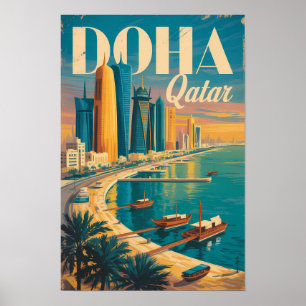 Doha Qatar Silhouette Illustratie Reis Kunst Vinta Poster