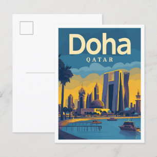Doha Qatar Vintage Kunst Reizen Illustratie Briefkaart