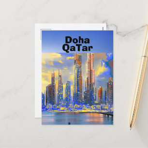 Doha Reisbriefkaart Kunst, Doha Silhouet, Doha Qat Feestdagenkaart