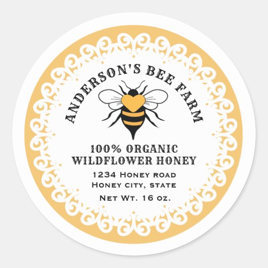 Doily lace  bee logo honey jar ronde sticker (Voorkant)