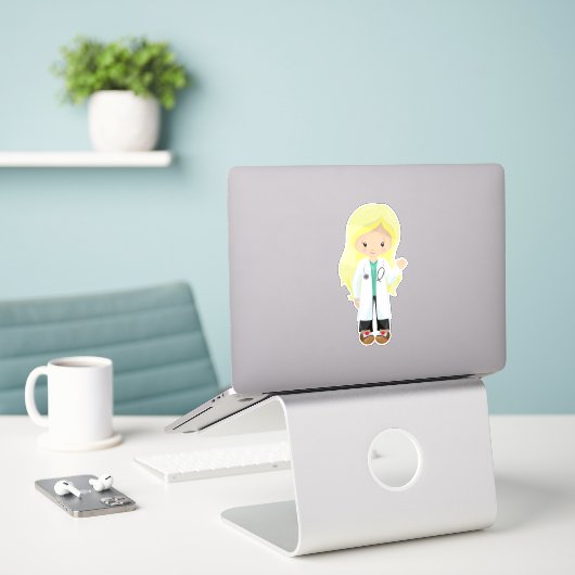 Dokter, verpleegster, stethoscoop, laklaag, blauw sticker (Laptop op bureau)