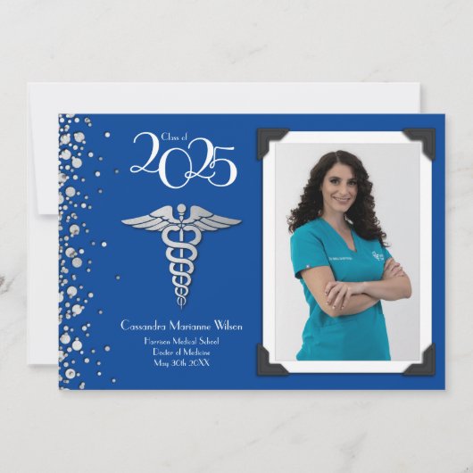 Dokter Zilveren Diploma Uitnodiging Blauw (Voorkant)