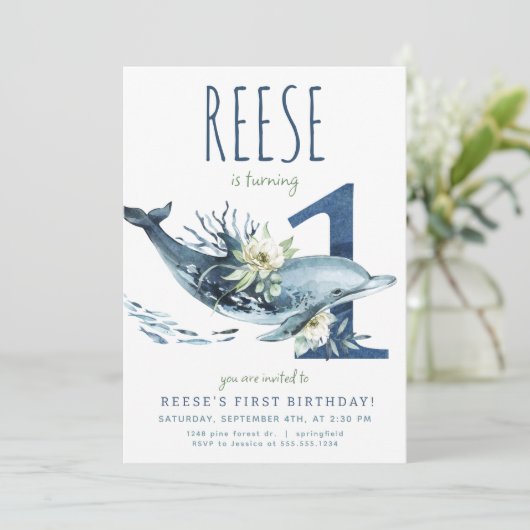 Dolfijn 1e Verjaardag uitnodiging (Staand voorkant)