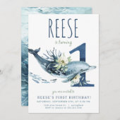 Dolfijn 1e Verjaardag uitnodiging (Voorkant / Achterkant)