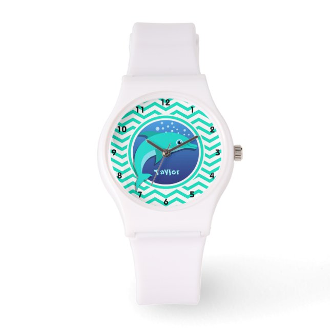 Dolfijn; Aqua Green Chevron Horloge (Voorkant)