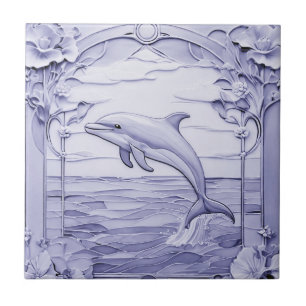 Dolfijn Art Nouveau Faux Relief Blauw & Wit Links Tegeltje