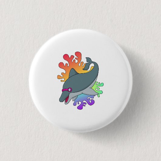 Dolfijn in zwemmen met zwembril ronde button 3,2 cm (Voorkant)