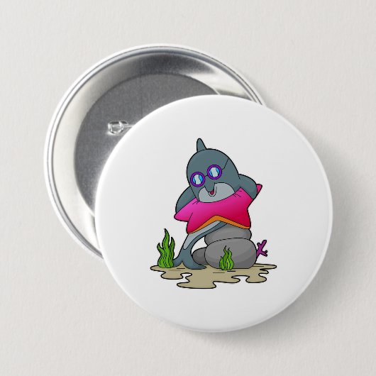 Dolfijn met bril ronde button 7,6 cm (Voorkant /achterkant)