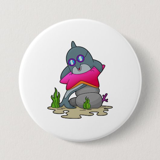 Dolfijn met bril ronde button 7,6 cm (Voorkant)