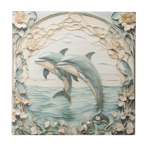 Dolfijn paar Art Nouveau Faux Relief 2 Dolfijnen Tegeltje