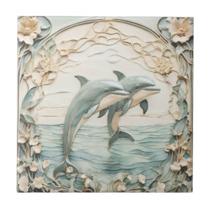 Dolfijn paar Art Nouveau Faux Relief Mint Blauw Tegeltje
