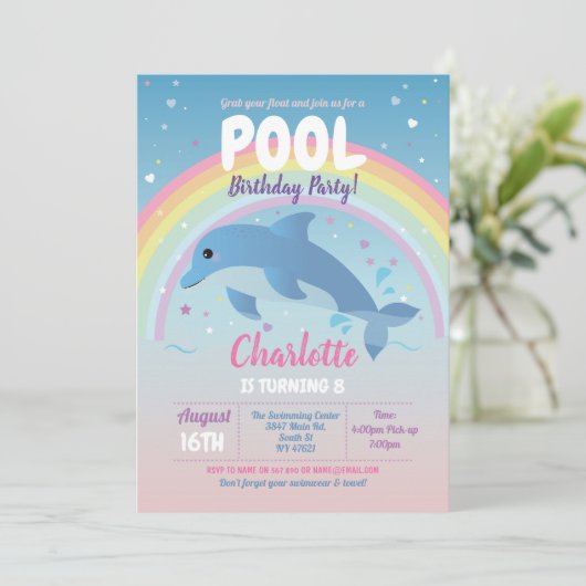 Dolfijn Pool Party Verjaardag Strand Float Oceaan Kaart (Staand voorkant)