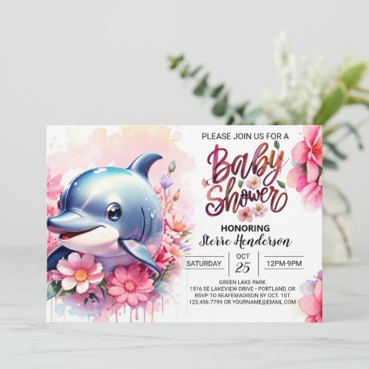 Dolfijn Speeltuin Meisje Baby shower Uitnodiging (Staand voorkant)