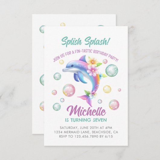 Dolfijn Splish Splash Girl Verjaardag Uitnodiging (Voorkant / Achterkant)